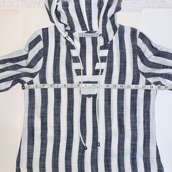 209 wst 38 Linen Cotton Top White Grey Stripes Drawstring Hoodie Blouse sz 6 EUC - Picture 7 of 11